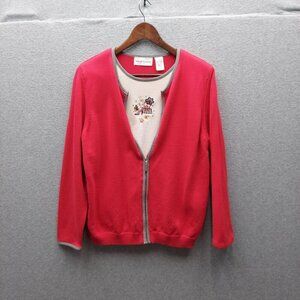 Alfred Dunner Womens Red Embroidered Cardigan Sweater With Contrast Trim Size M